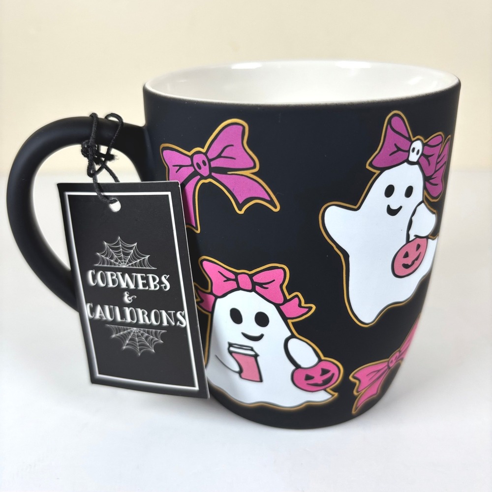 Cobwebs & Cauldrons Ghost Bow Coffee‎ Mug Black Pink Halloween Kawaii Goth NWT